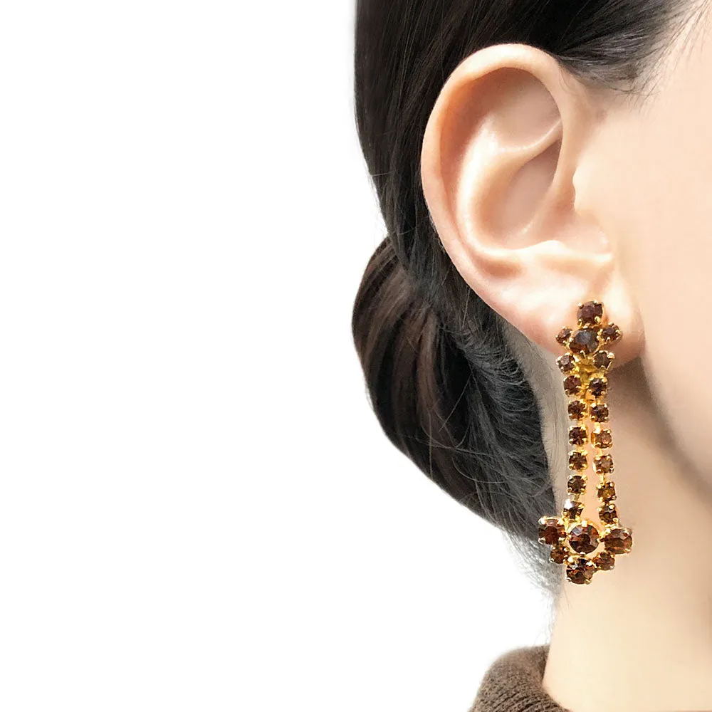 【フランス輸入】ヴィンテージ アンバーブラウン ラインストーン イヤリング/Vintage Amber Brown Rhinestones Clip On Earrings