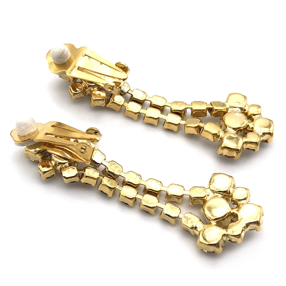 【フランス輸入】ヴィンテージ アンバーブラウン ラインストーン イヤリング/Vintage Amber Brown Rhinestones Clip On Earrings