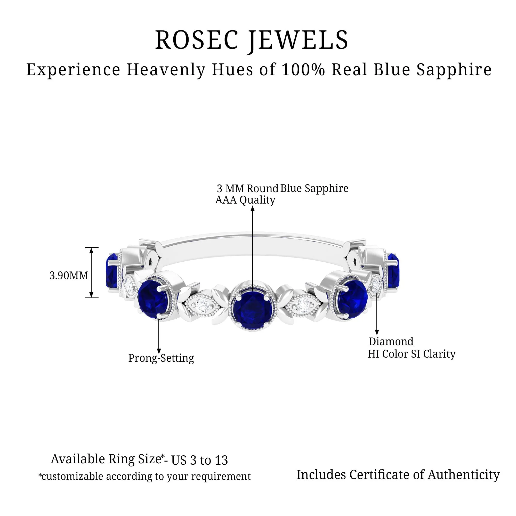 1 CT Floral Inspired Blue Sapphire and Diamond Half Eternity Ring