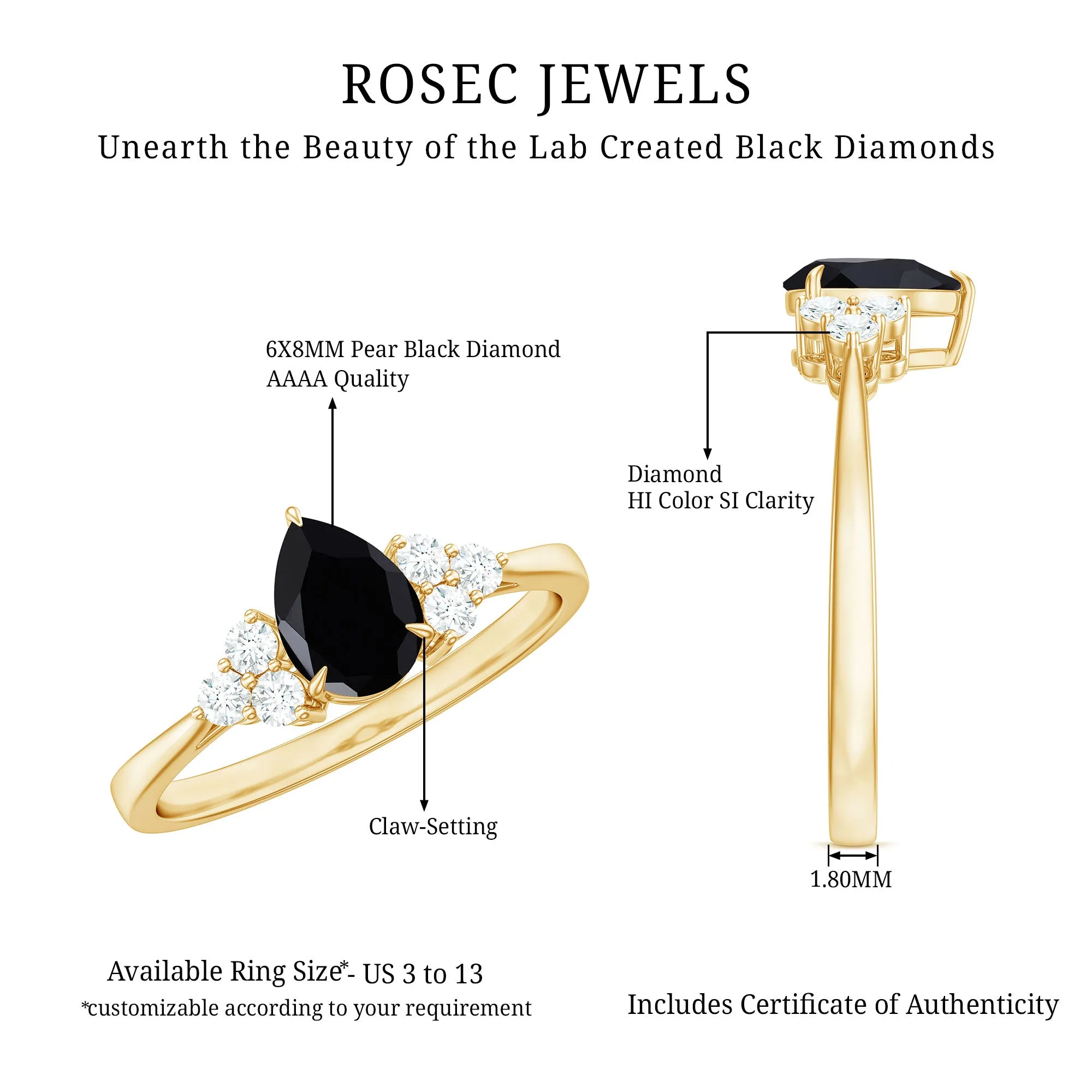 1 CT Pear Shaped Created Black Diamond Solitaire Ring with Diamond