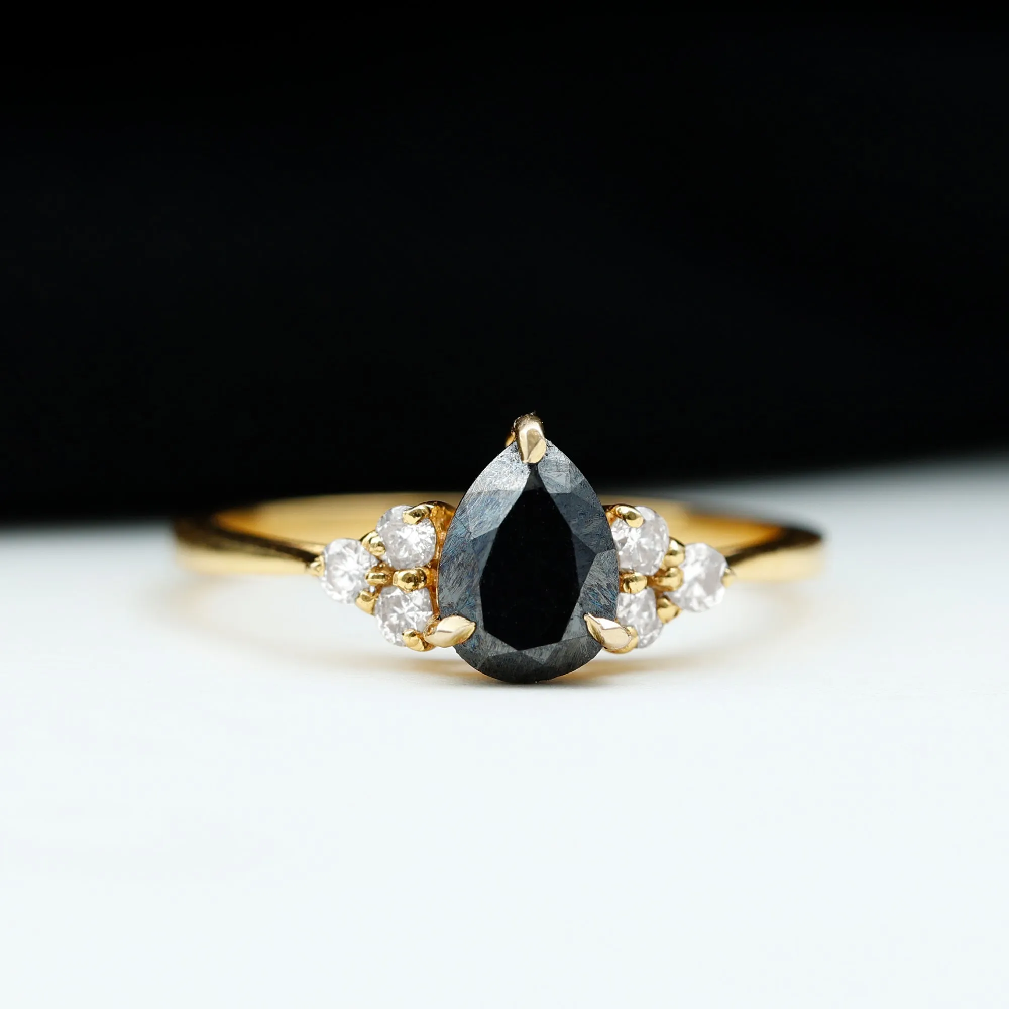 1 CT Pear Shaped Created Black Diamond Solitaire Ring with Diamond