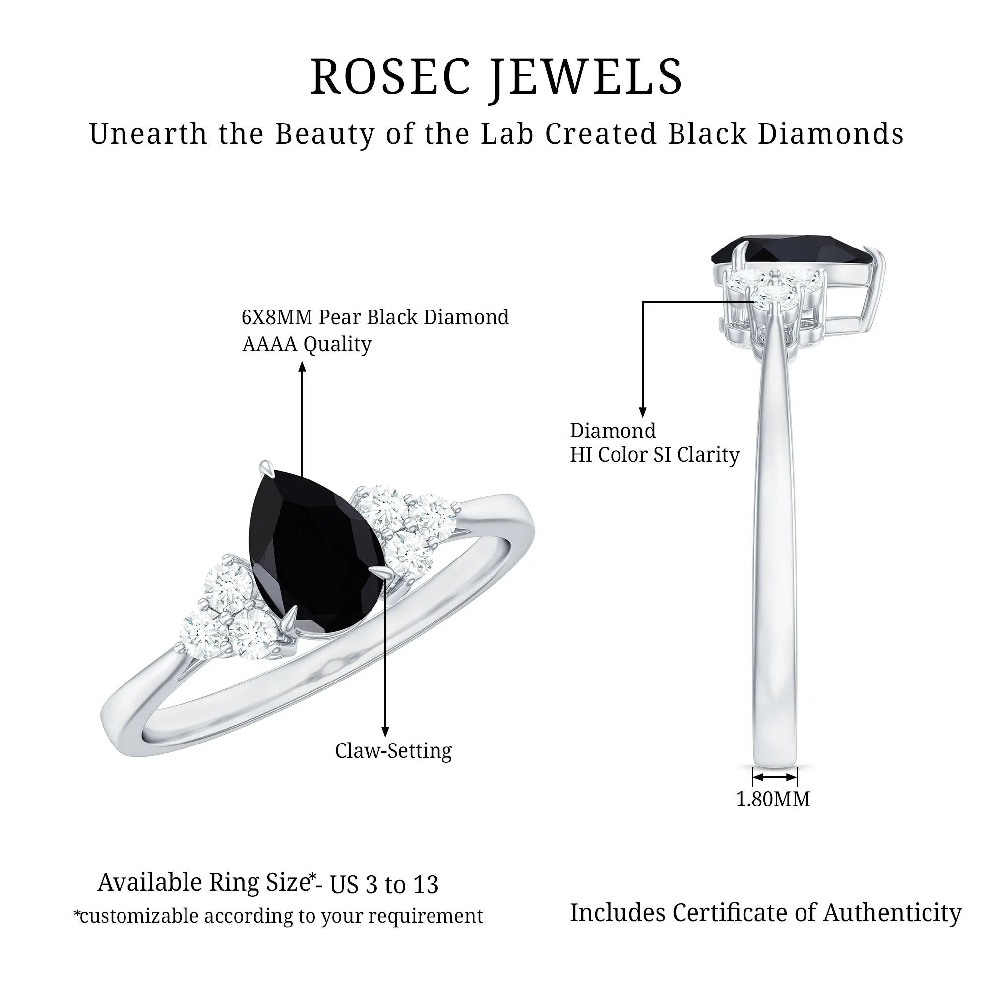 1 CT Pear Shaped Created Black Diamond Solitaire Ring with Diamond