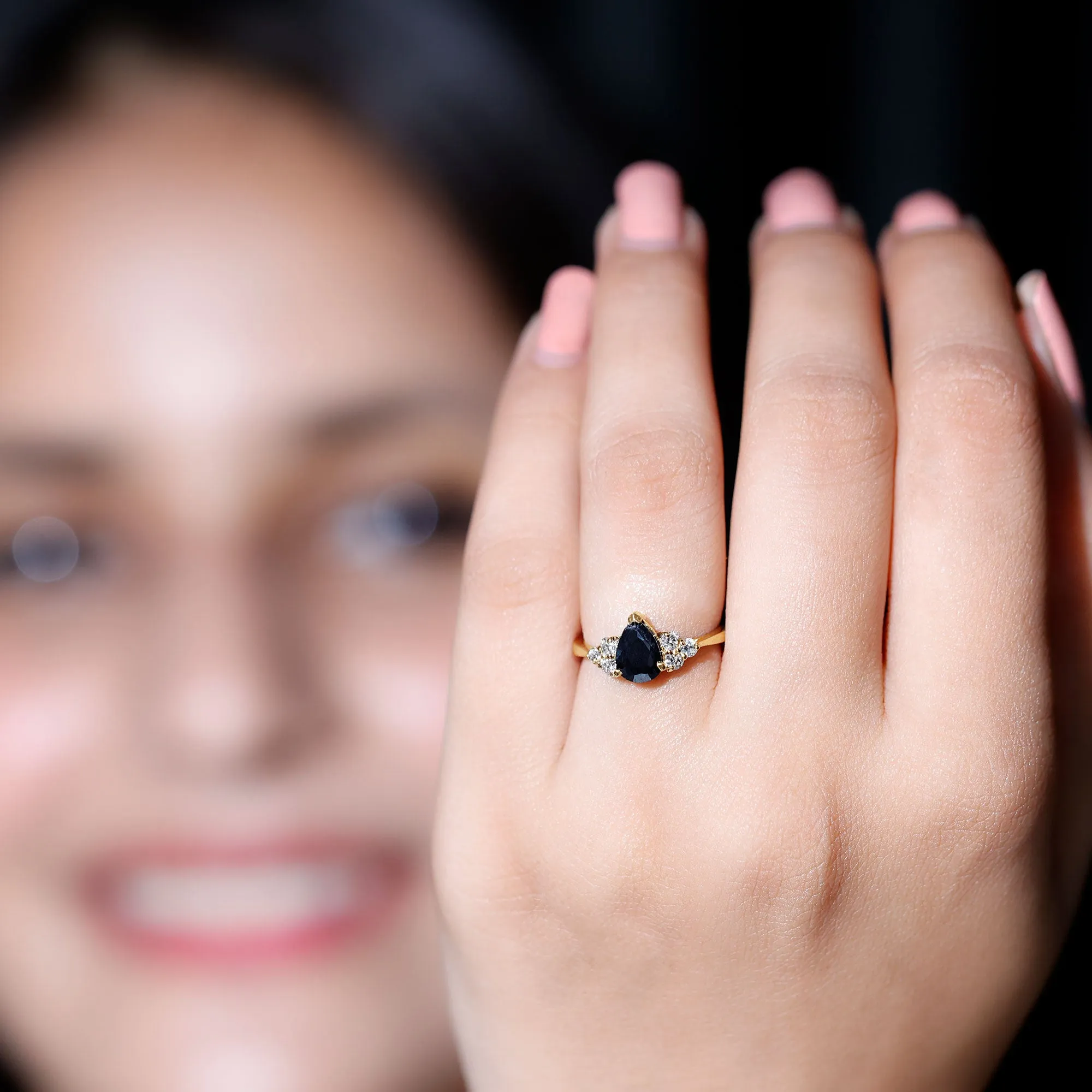 1 CT Pear Shaped Created Black Diamond Solitaire Ring with Diamond