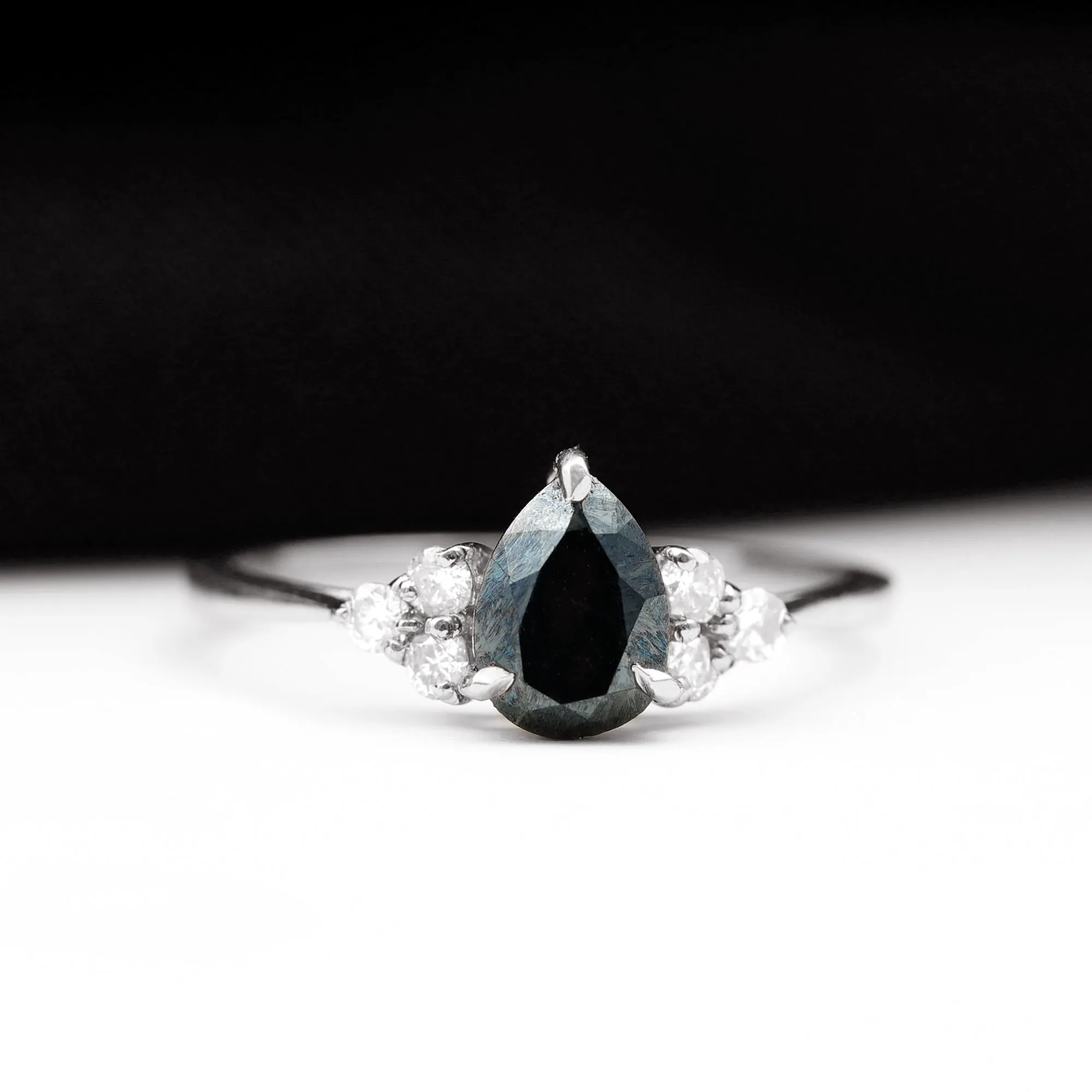 1 CT Pear Shaped Created Black Diamond Solitaire Ring with Diamond