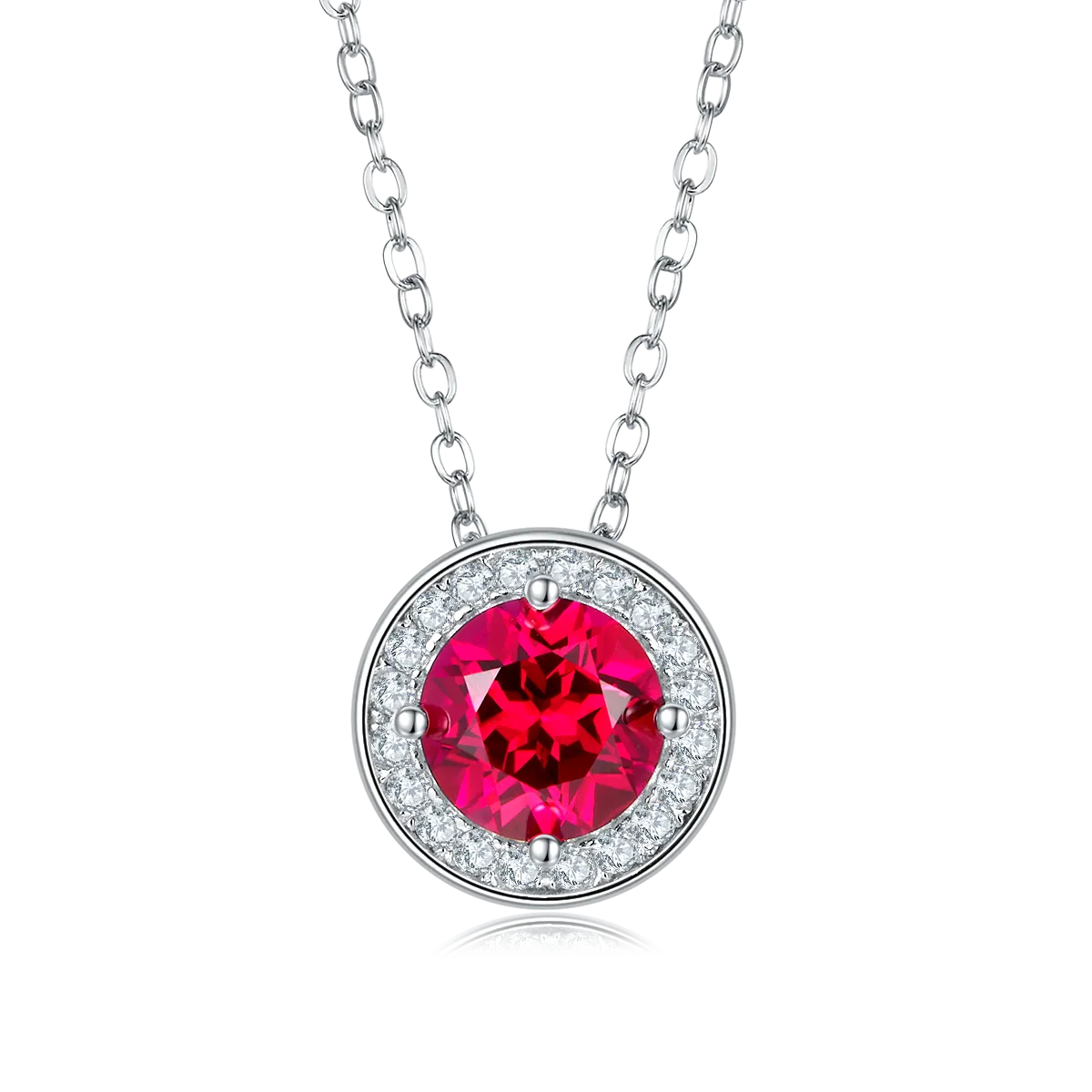1.0 Carat Round Cultivated Colored Gemstone Halo Necklace in S925 Silver and Platinum Finish