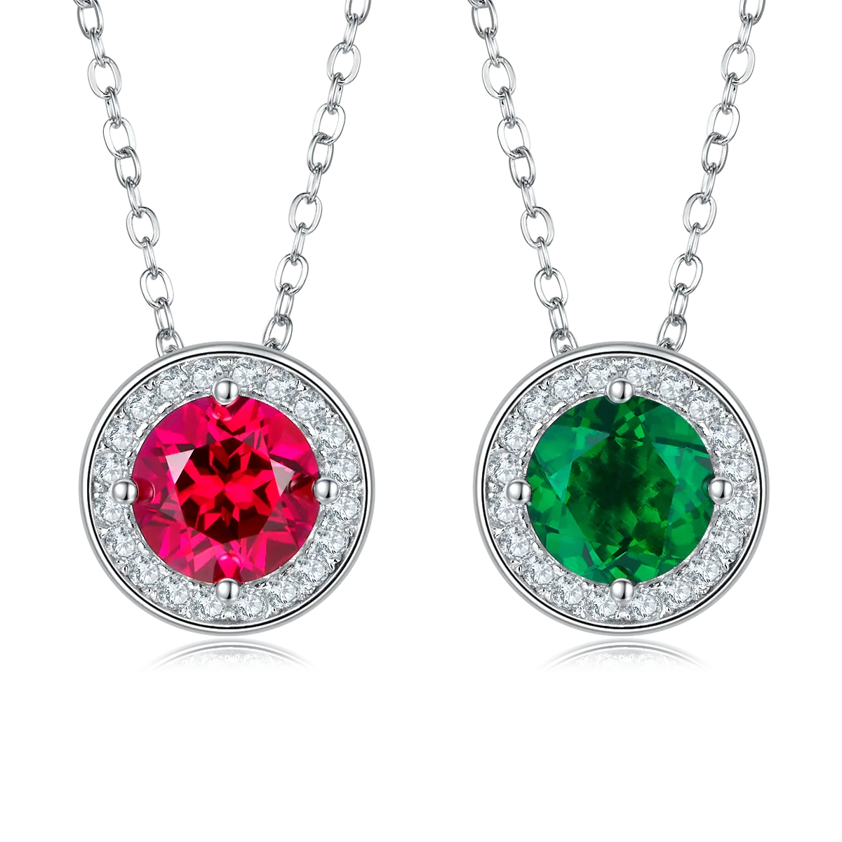 1.0 Carat Round Cultivated Colored Gemstone Halo Necklace in S925 Silver and Platinum Finish