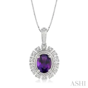 1/10 ctw Oval Shape 8x6mm Amethyst & Round Cut Diamond Semi Precious Pendant With Chain in 10K White Gold