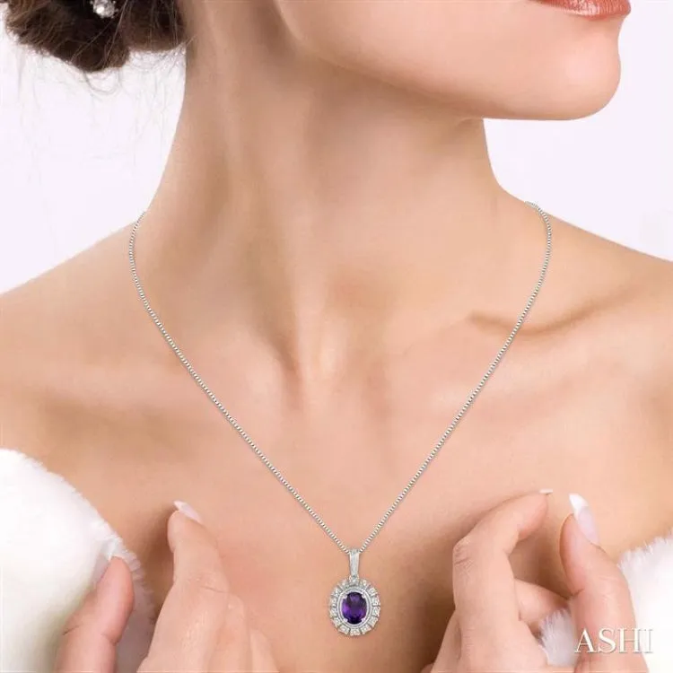 1/10 ctw Oval Shape 8x6mm Amethyst & Round Cut Diamond Semi Precious Pendant With Chain in 10K White Gold