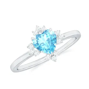 1.25 CT Heart Shape Aquamarine Solitaire Promise Ring with Diamond Accent