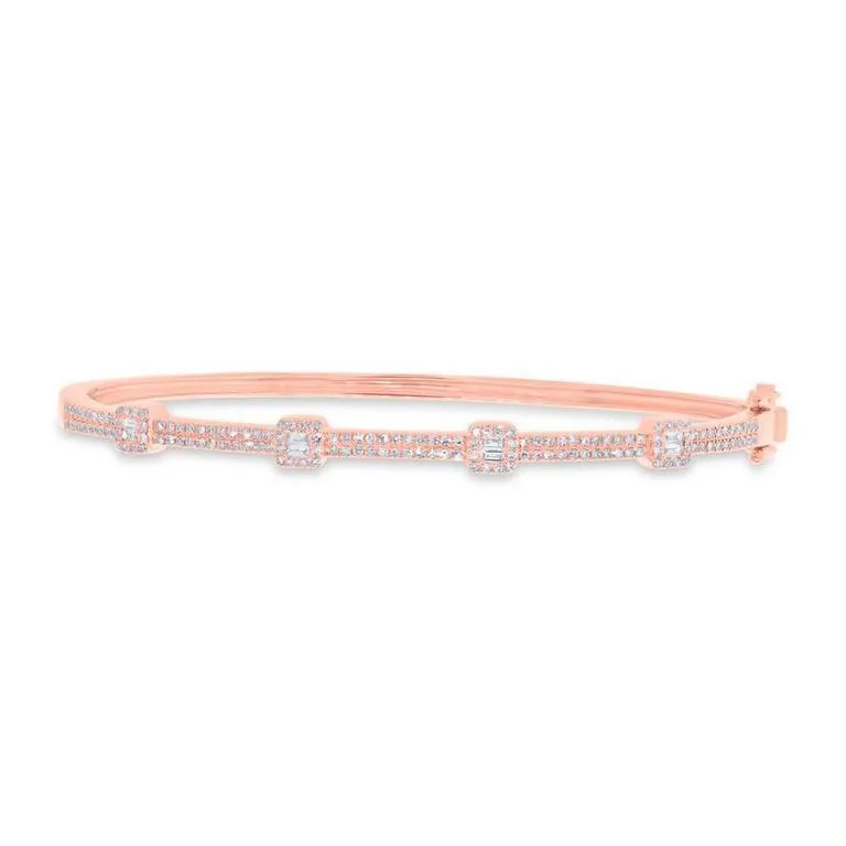 14K Rose Gold Round and Baguette Diamond Bangle