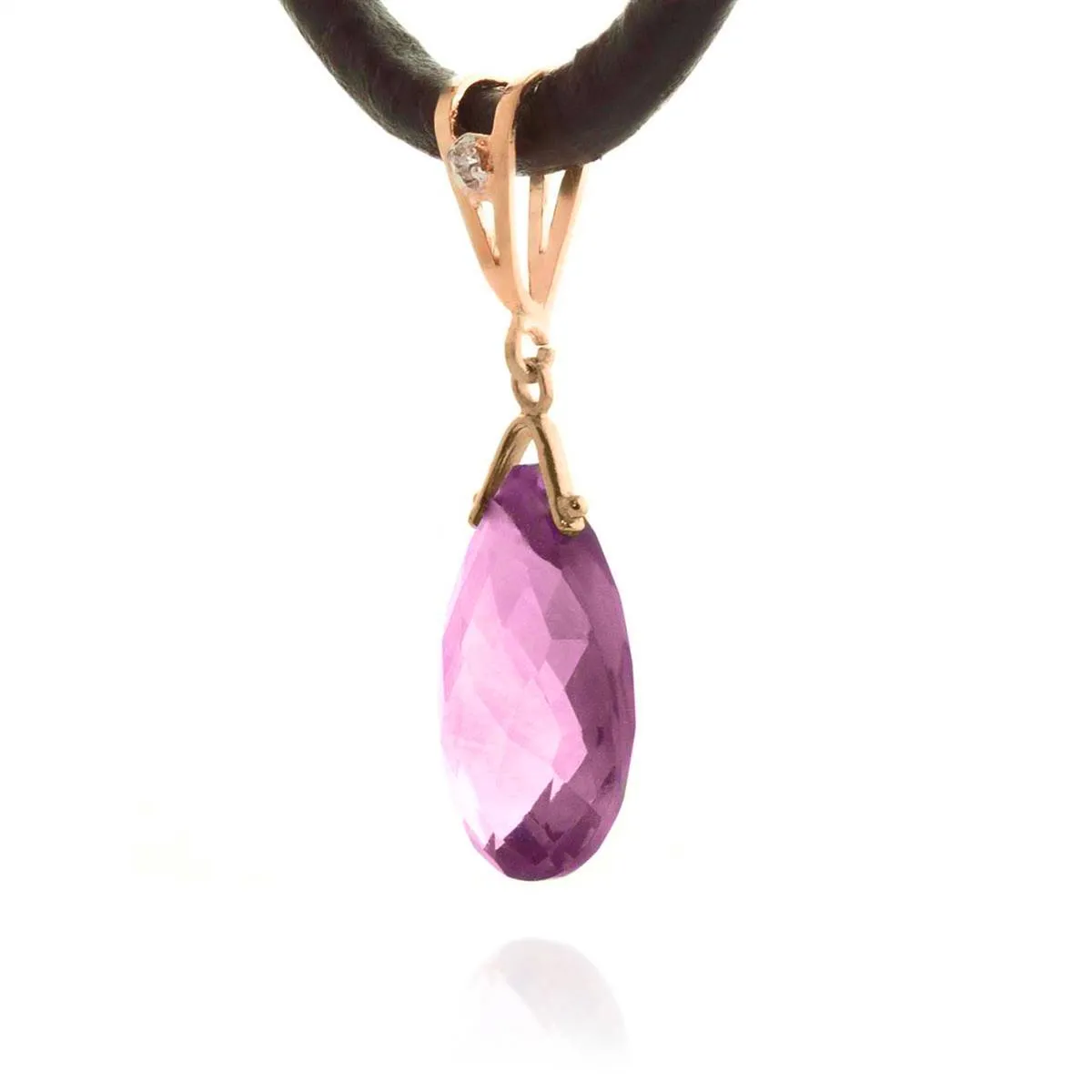 14K Solid Rose Gold & Leather Diamond/Purple Amethyst Necklace