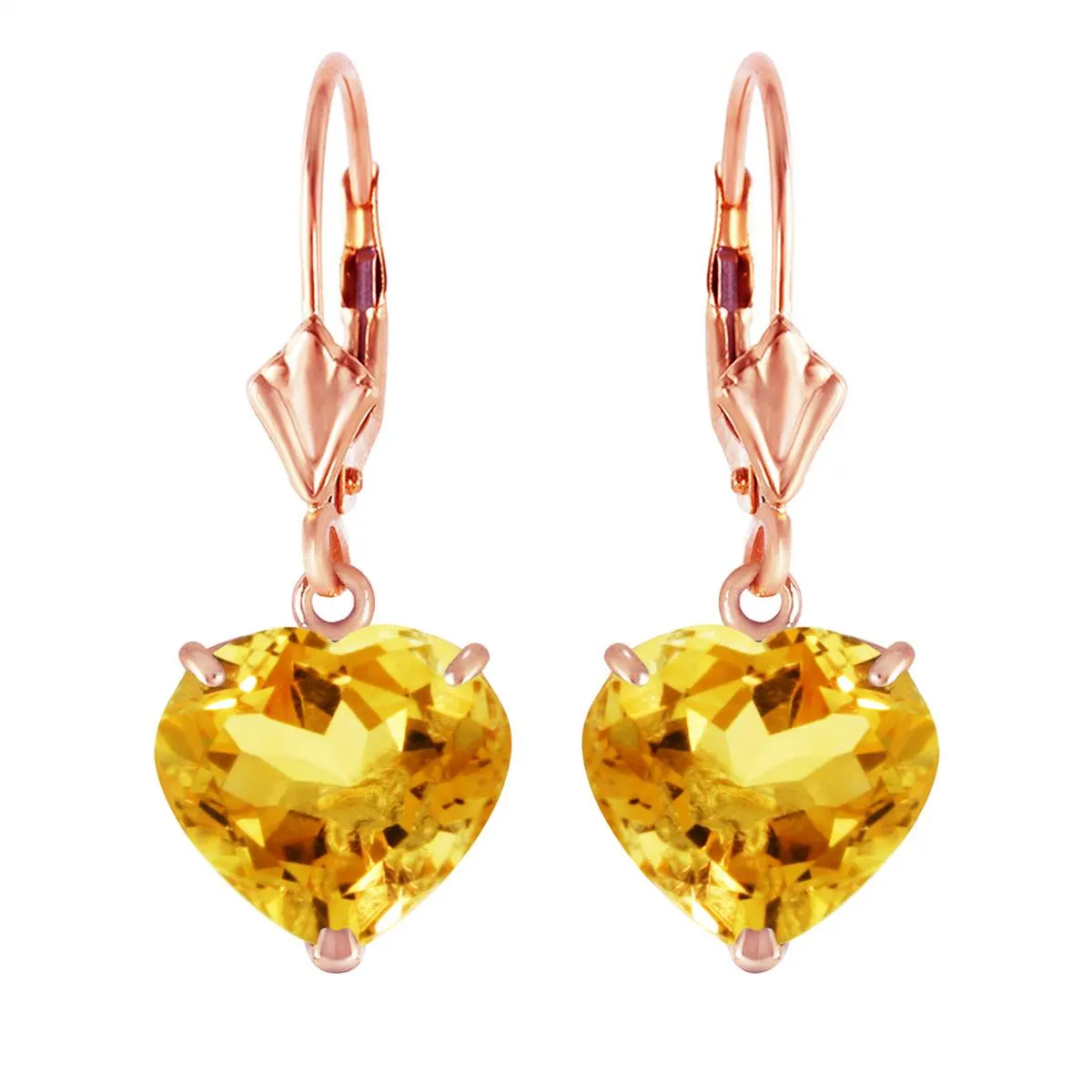 14K Solid Rose Gold Leverback Earrings Natural 10mm Heart Citrines