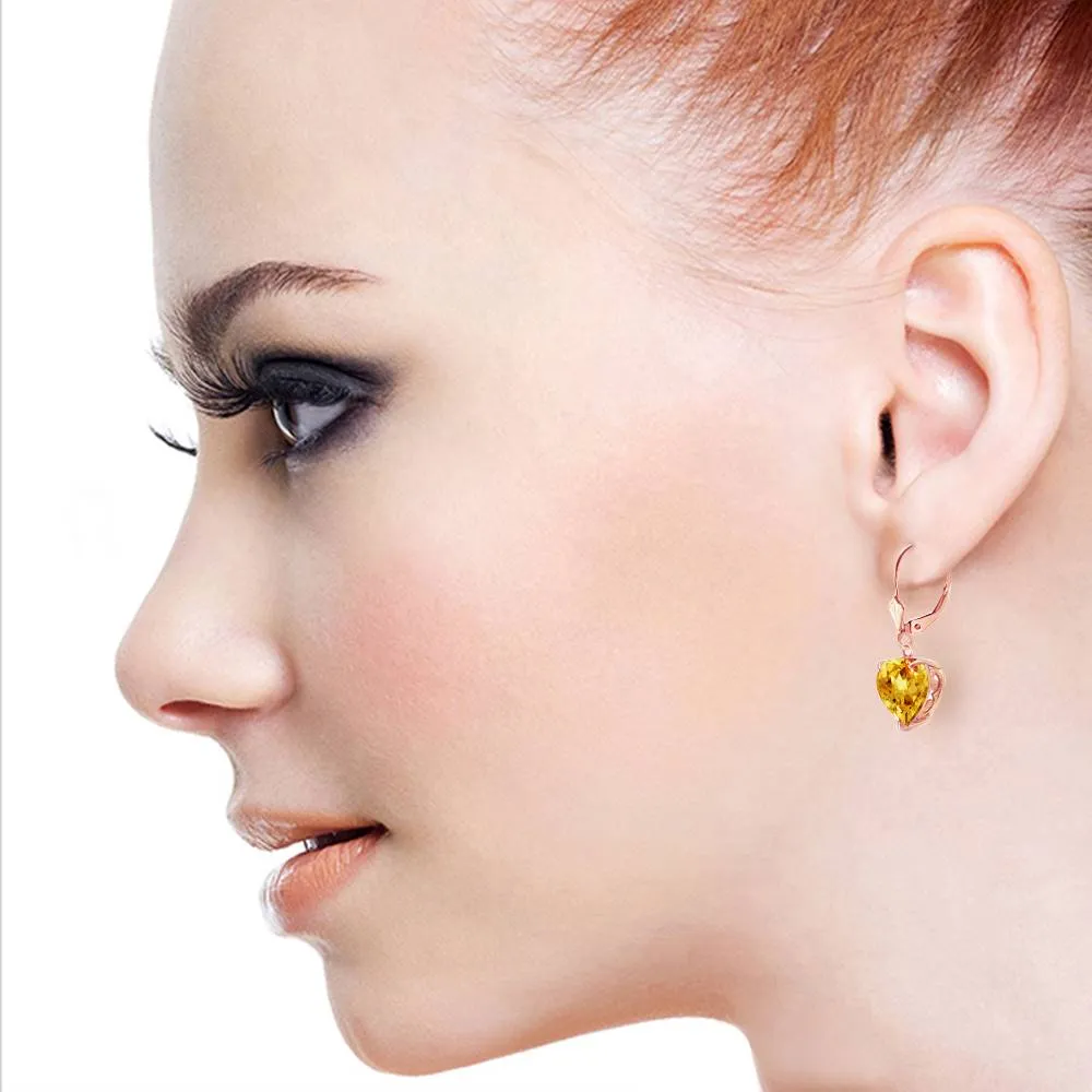 14K Solid Rose Gold Leverback Earrings Natural 10mm Heart Citrines