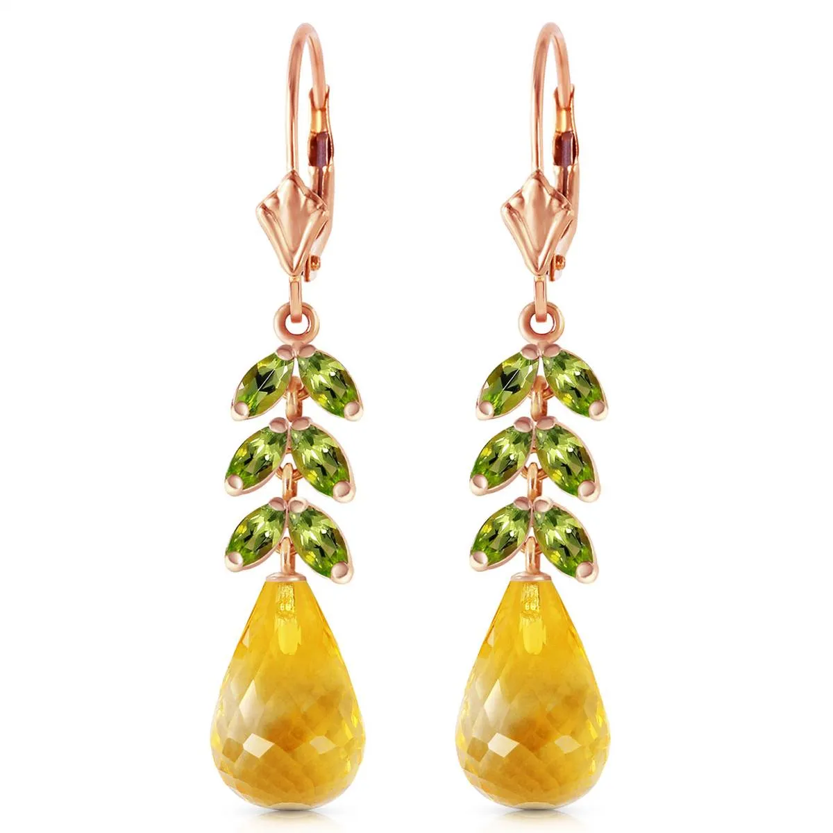 14K Solid Rose Gold Leverback Earrings w/ Peridot & Citrines