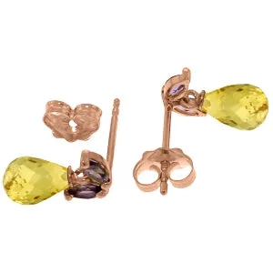 14K Solid Rose Gold Stud Earrings w/ Amethyst & Citrines