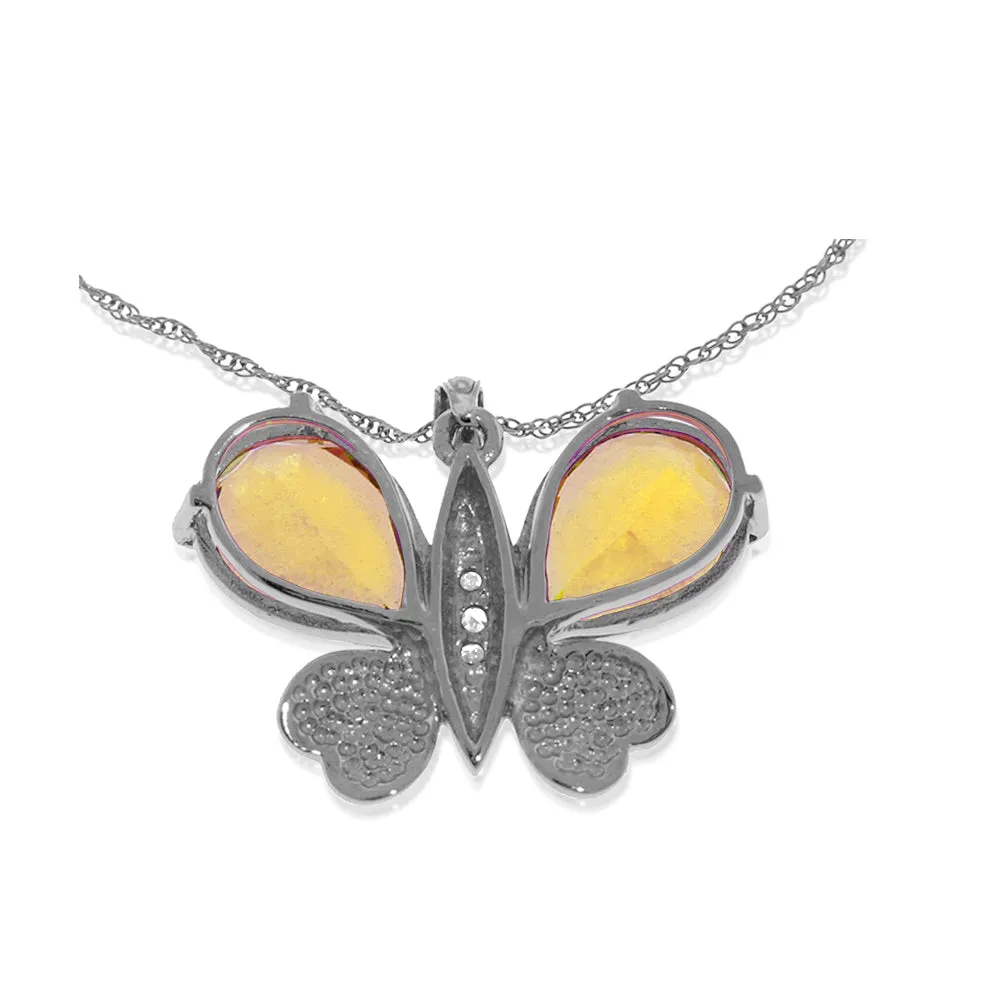 14K Solid White Gold Butterfly Necklace Natural Diamond & Citrine Certified