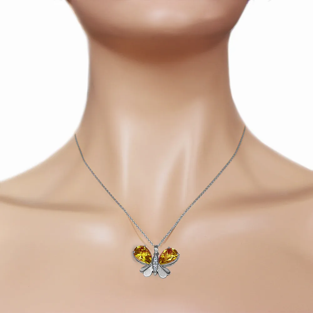 14K Solid White Gold Butterfly Necklace Natural Diamond & Citrine Certified