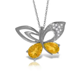 14K Solid White Gold Butterfly Necklace Natural Diamond & Citrine
