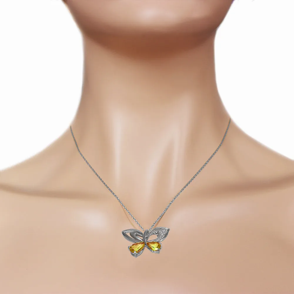 14K Solid White Gold Butterfly Necklace Natural Diamond & Citrine