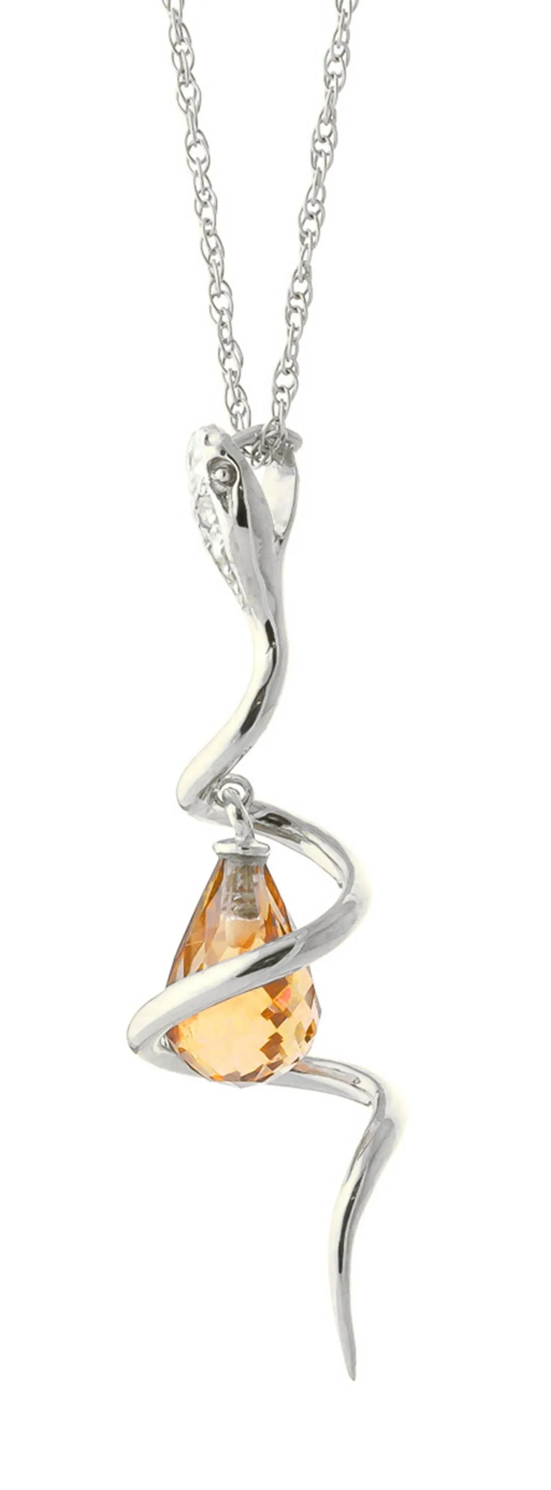 14K Solid White Gold Snake Necklace w/ Dangling Briolette Citrine & Diamond