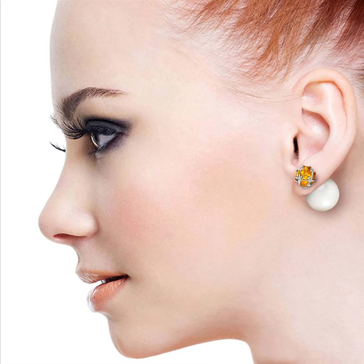 14K Solid White Gold Tribal Double Shell Pearls And Citrines Stud Earrings