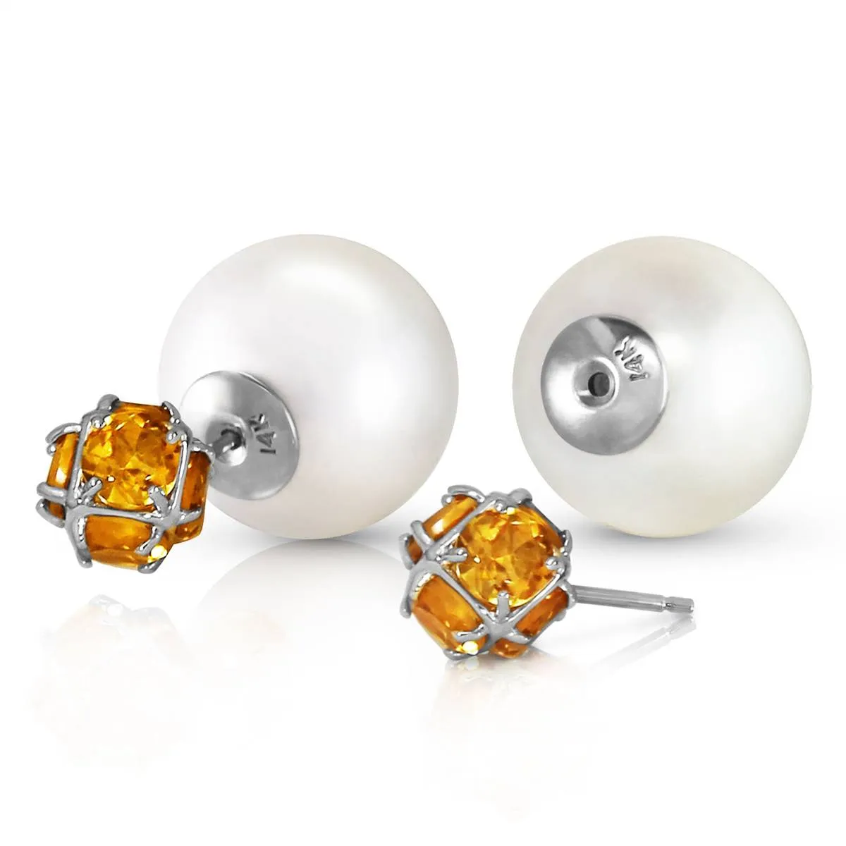 14K Solid White Gold Tribal Double Shell Pearls And Citrines Stud Earrings
