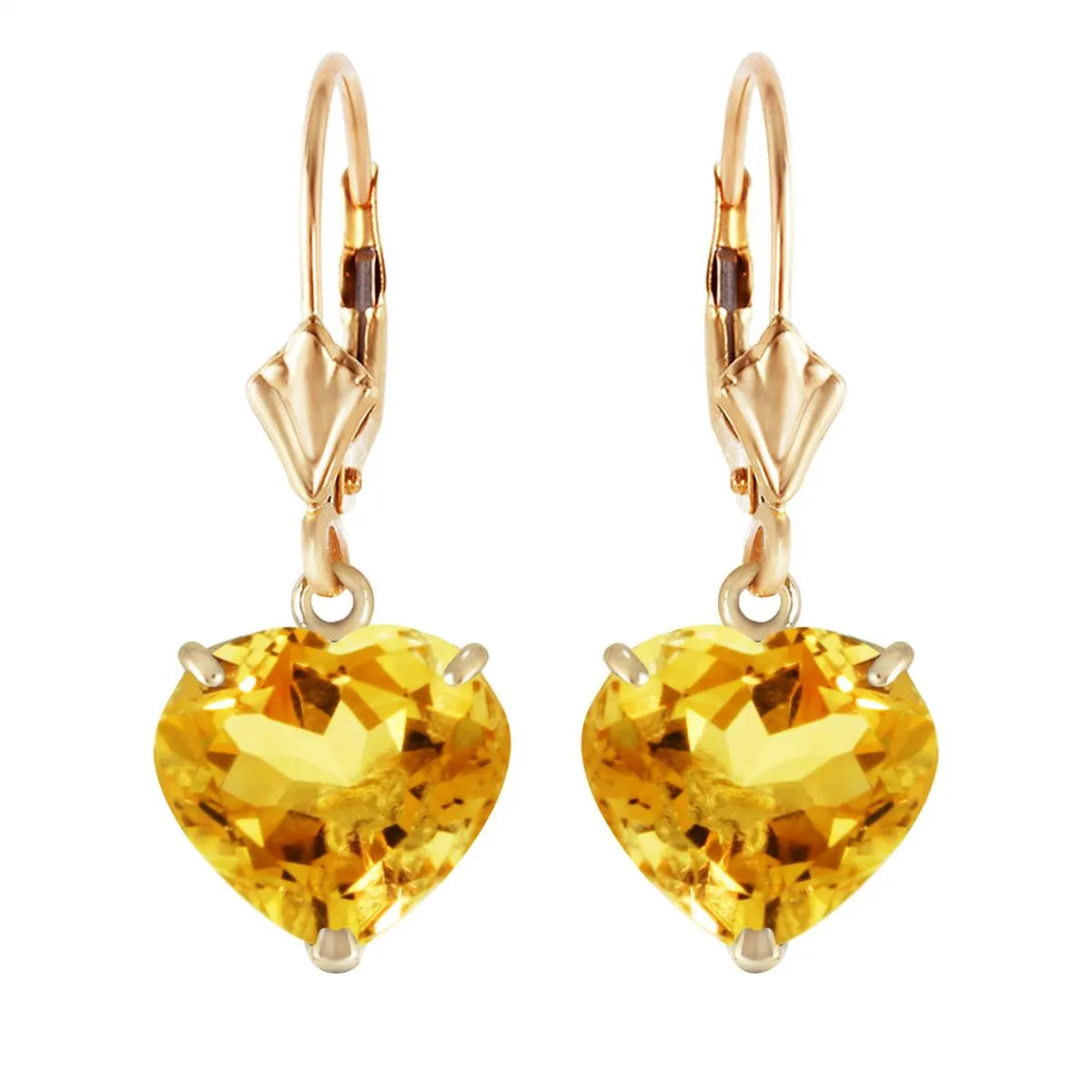 14K Solid Yellow Gold Leverback Earrings Natural 10mm Heart Citrines