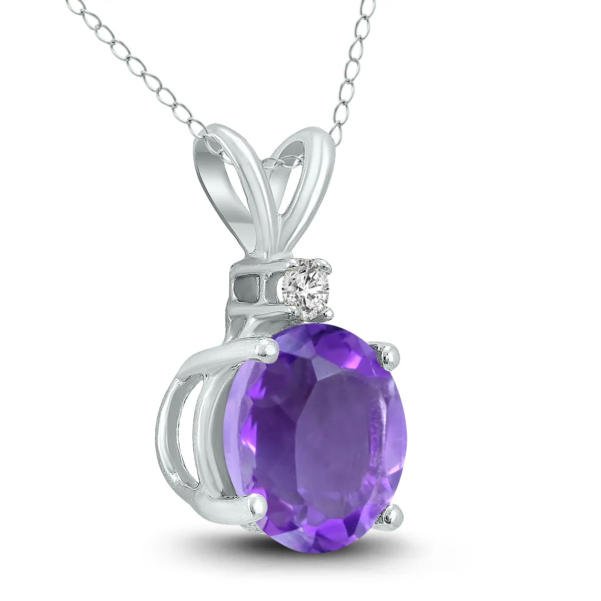 14K White Gold 6Mm Round Amethyst And Diamond Pendant
