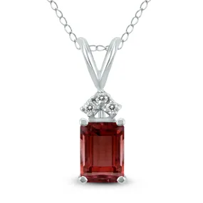 14K White Gold 8X6Mm Emerald Shaped Garnet And Three Stone Diamond Pendant