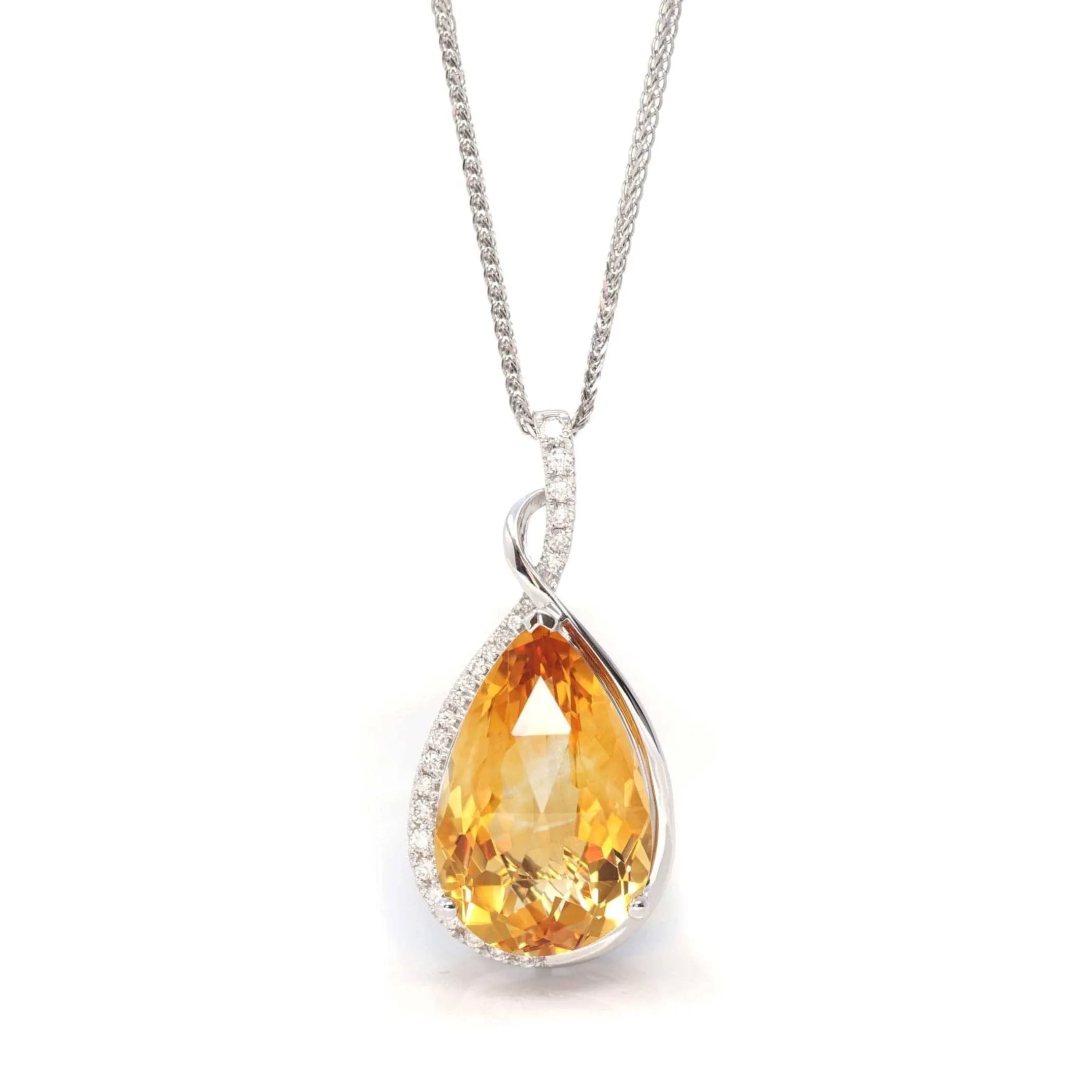 14k White Gold AA Citrine Tear Drop Necklace with Diamonds