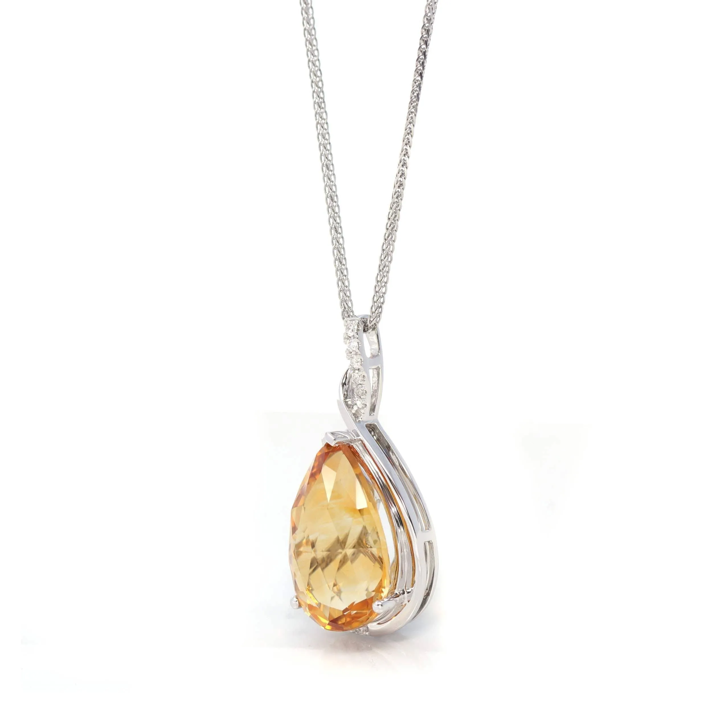 14k White Gold AA Citrine Tear Drop Necklace with Diamonds