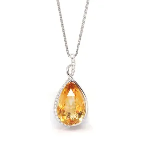 14k White Gold AA Citrine Tear Drop Necklace with Diamonds