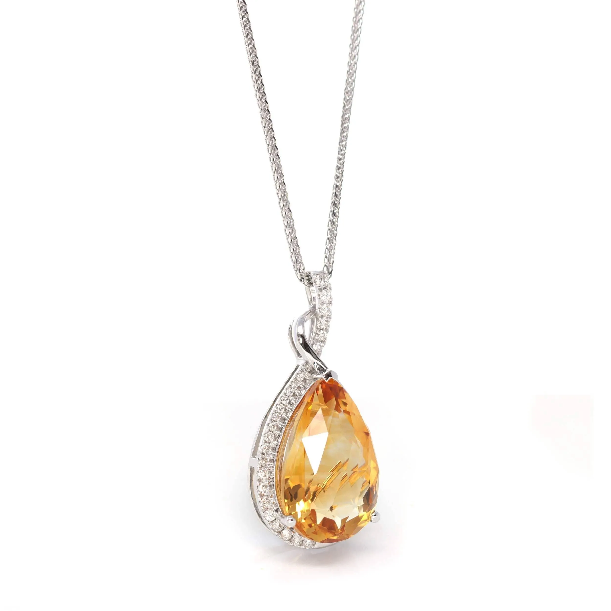 14k White Gold AA Citrine Tear Drop Necklace with Diamonds
