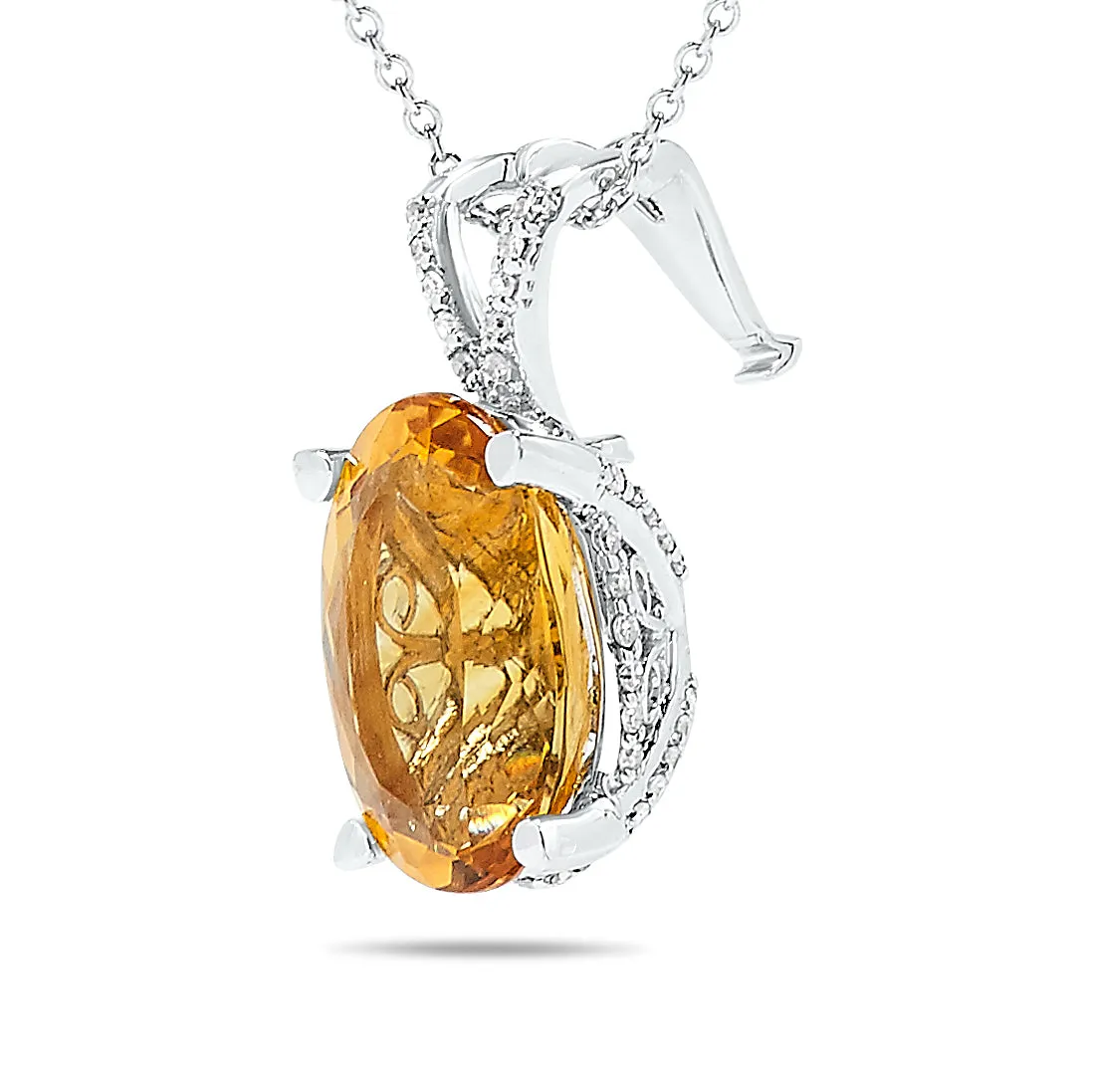 14k White Gold Large Citrine Center Stone and Diamond Gemstone Filigree Pendant Necklace, Birthstone of November (1/4ct, L-M, I2-I3)