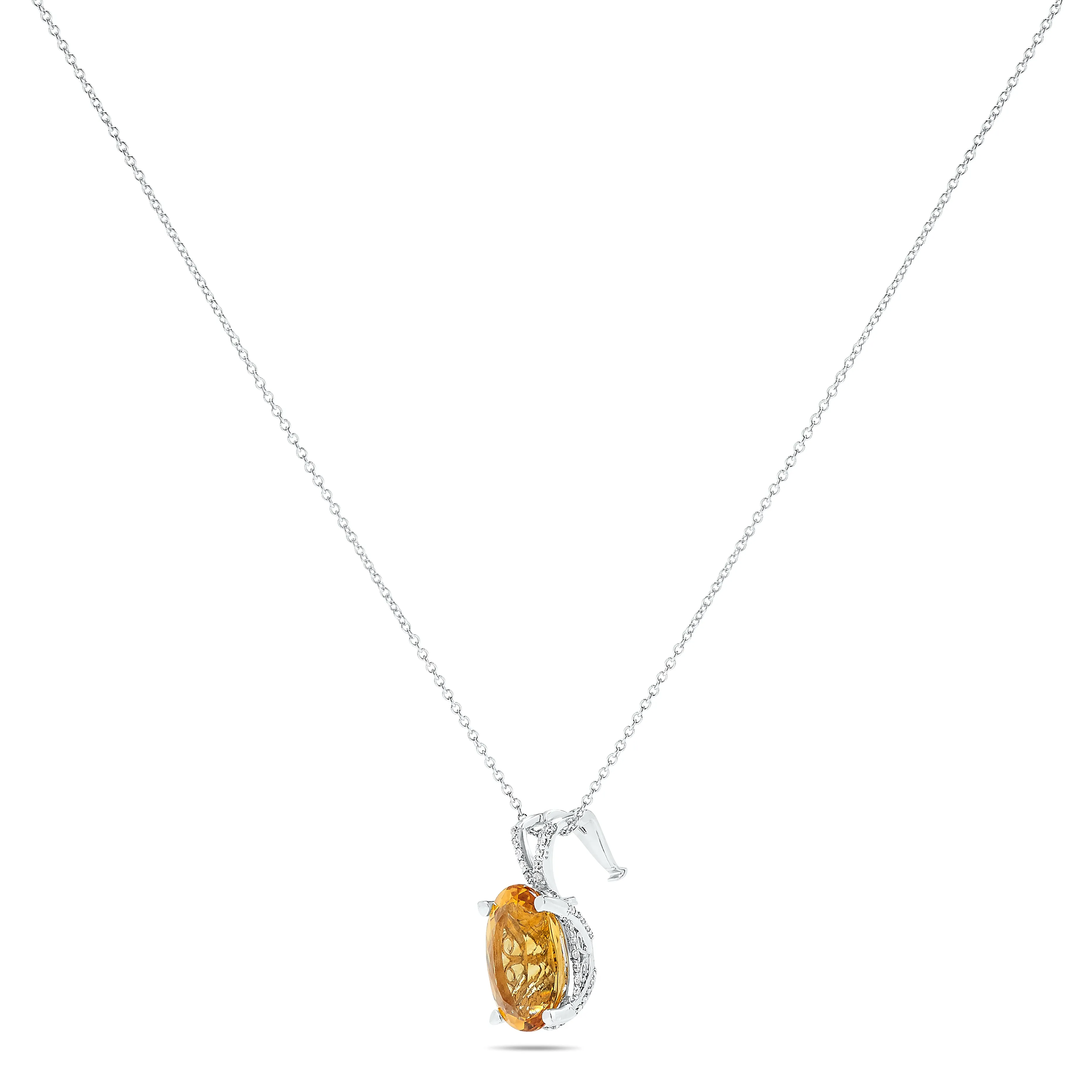 14k White Gold Large Citrine Center Stone and Diamond Gemstone Filigree Pendant Necklace, Birthstone of November (1/4ct, L-M, I2-I3)