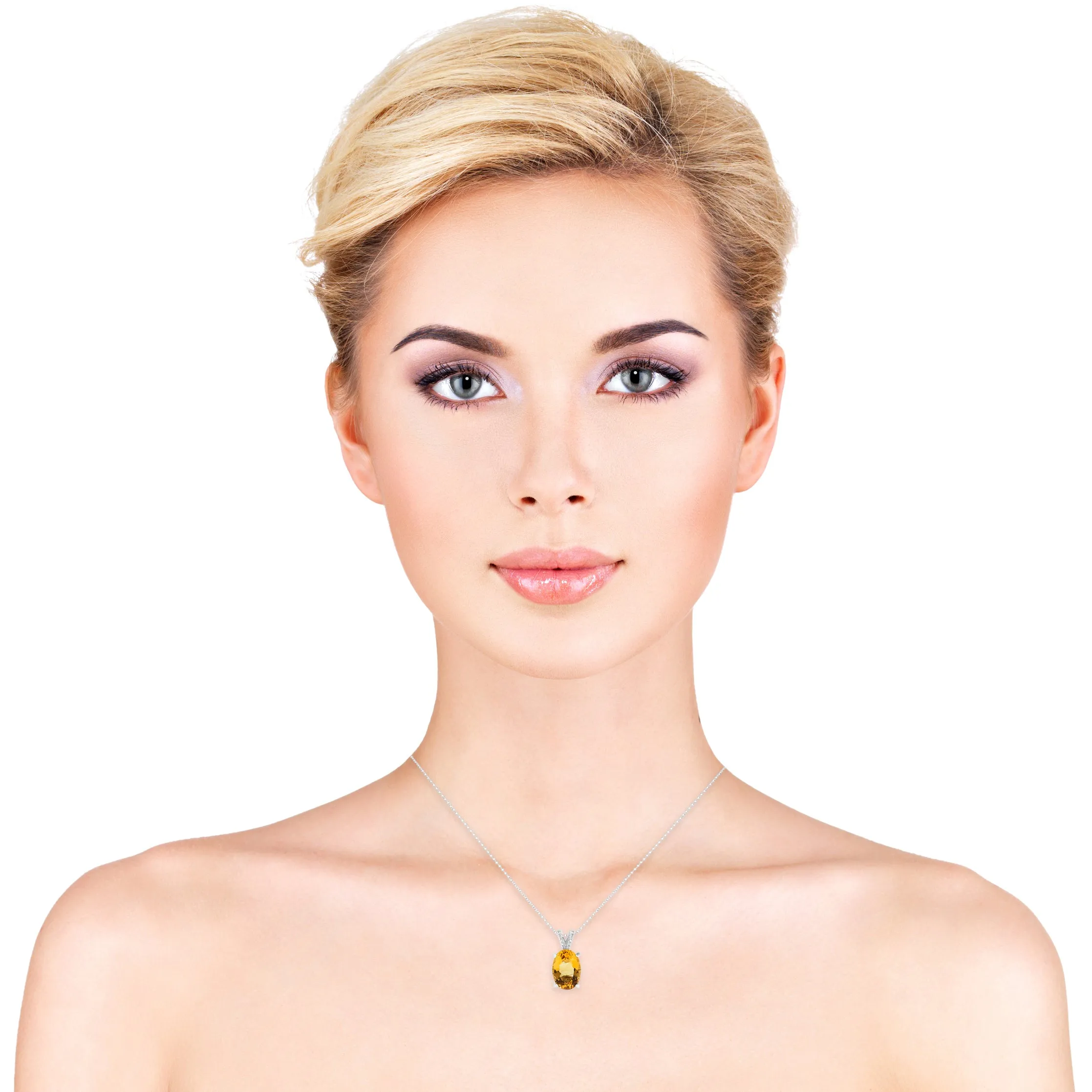 14k White Gold Large Citrine Center Stone and Diamond Gemstone Filigree Pendant Necklace, Birthstone of November (1/4ct, L-M, I2-I3)