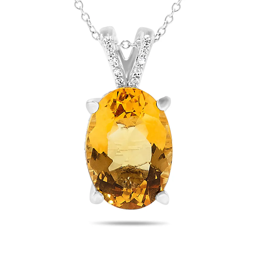 14k White Gold Large Citrine Center Stone and Diamond Gemstone Filigree Pendant Necklace, Birthstone of November (1/4ct, L-M, I2-I3)