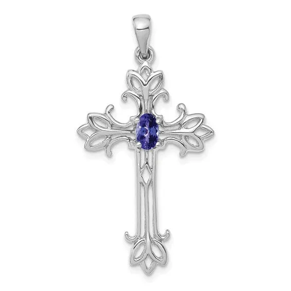 14k White or Yellow Gold Oval Gemstone Cross Pendants