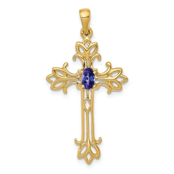 14k White or Yellow Gold Oval Gemstone Cross Pendants