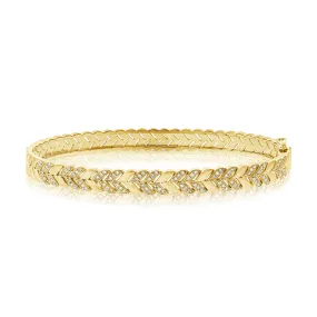14K Yellow Gold Diamond Herringbone Hinged Bangle