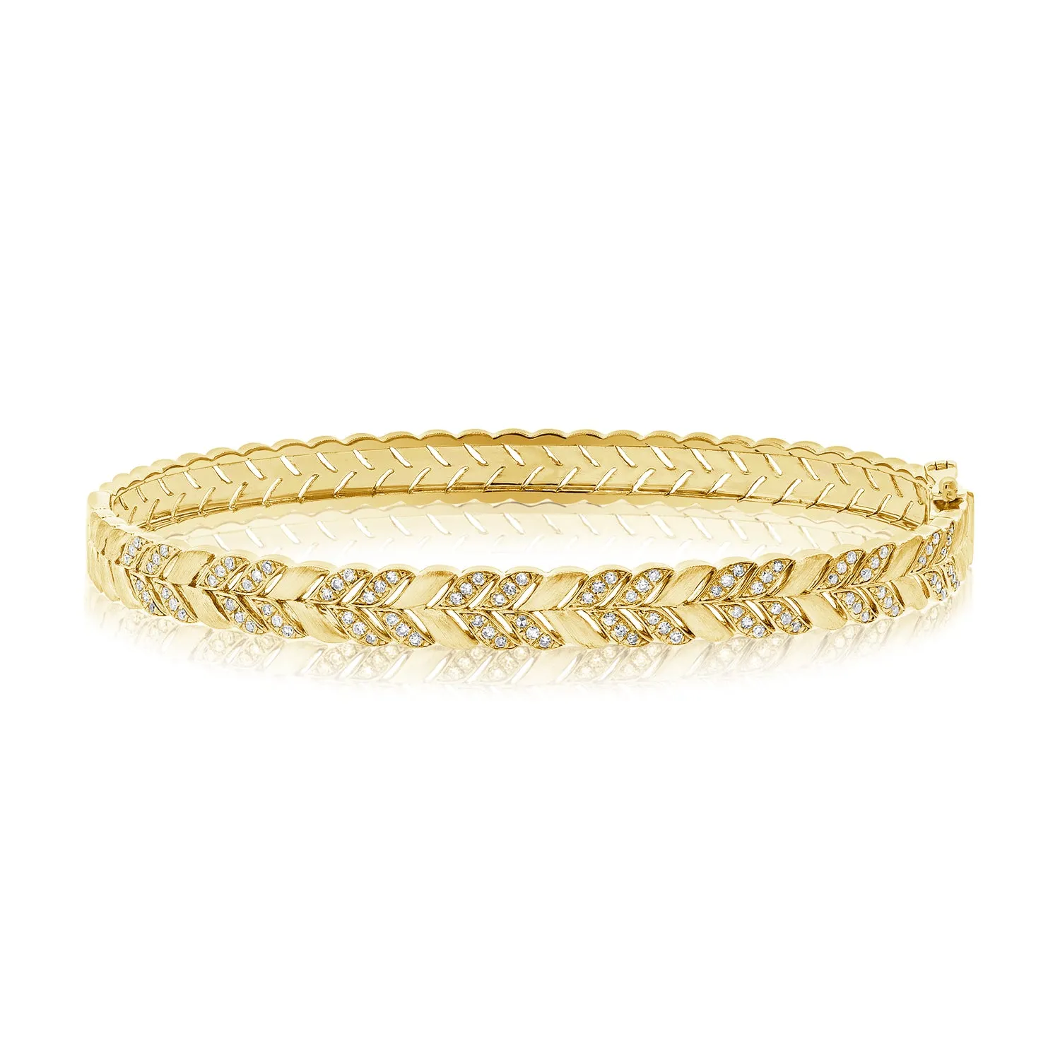14K Yellow Gold Diamond Herringbone Hinged Bangle