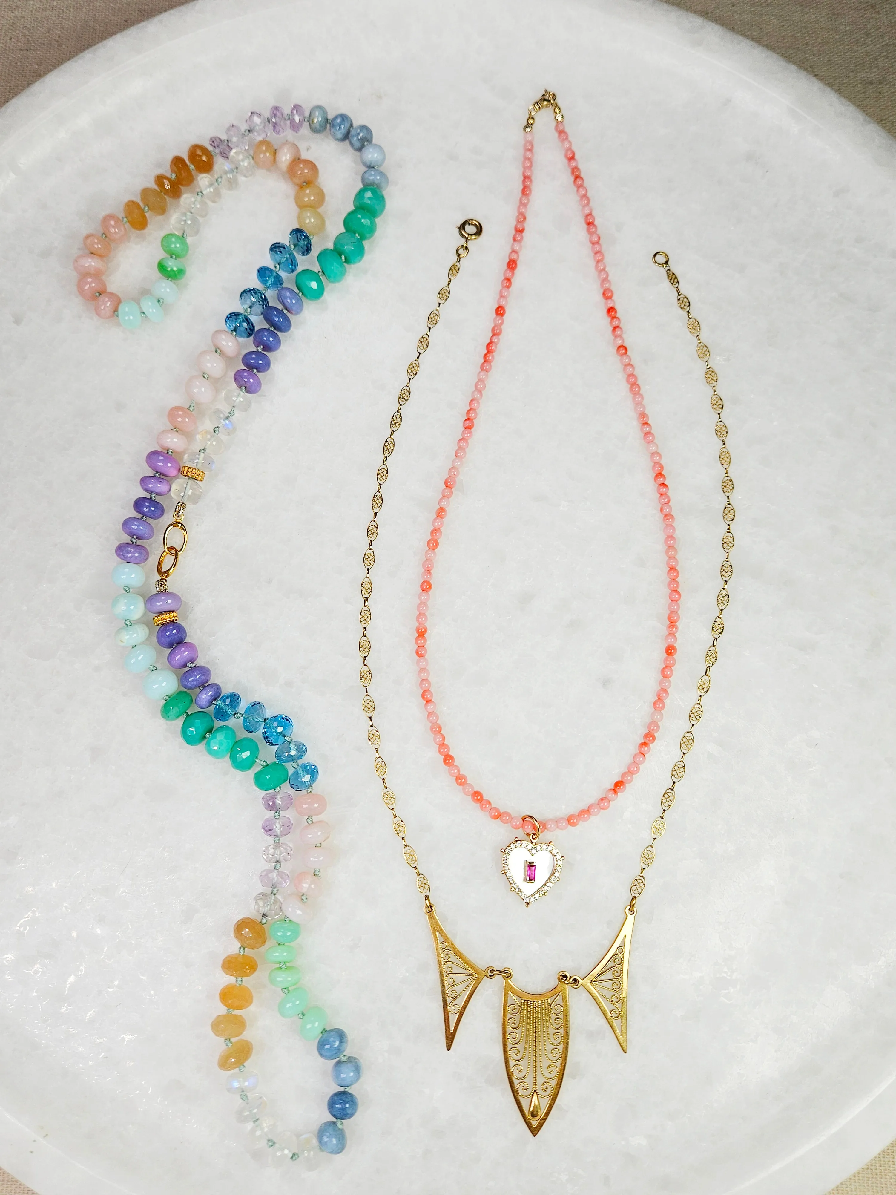 14k Yellow Gold Natural Pink Shell Necklace with Ruby & Diamond Heart Charm 17"