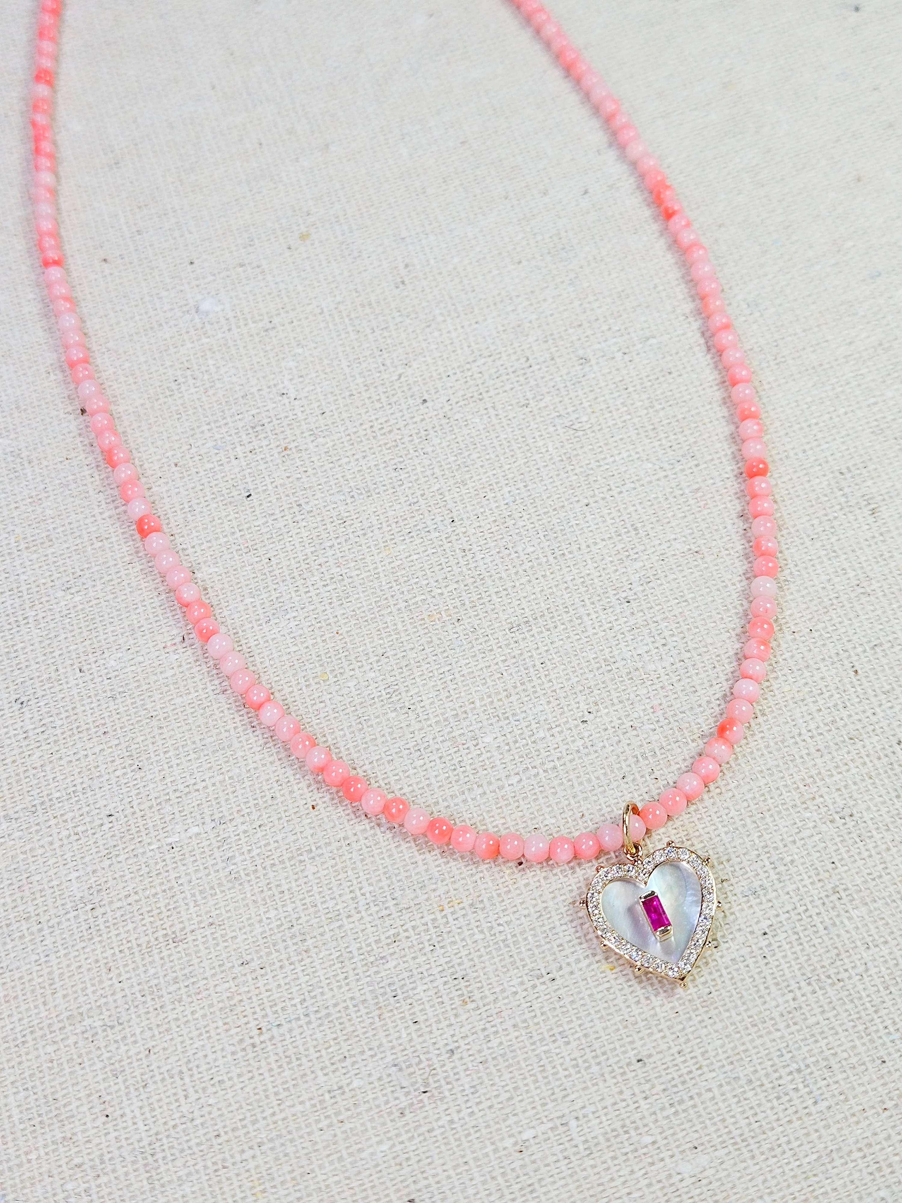 14k Yellow Gold Natural Pink Shell Necklace with Ruby & Diamond Heart Charm 17"