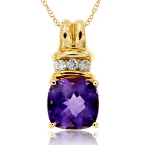 14k Yellow Gold Purple Amethyst and Diamond Gemstone Birthstone Pendant, 18" Chain.