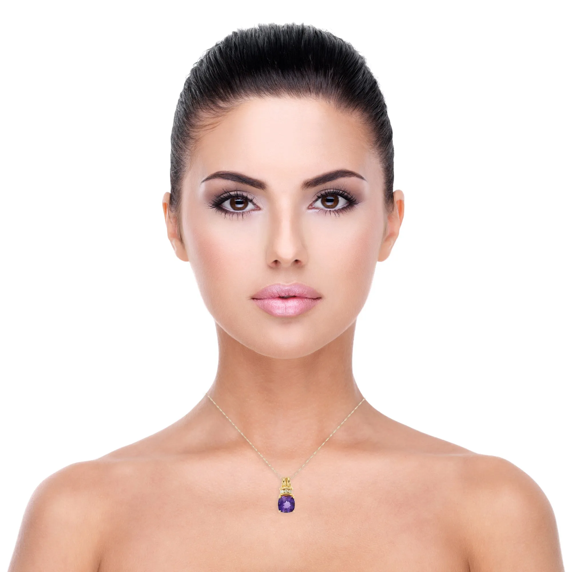 14k Yellow Gold Purple Amethyst and Diamond Gemstone Birthstone Pendant, 18" Chain.