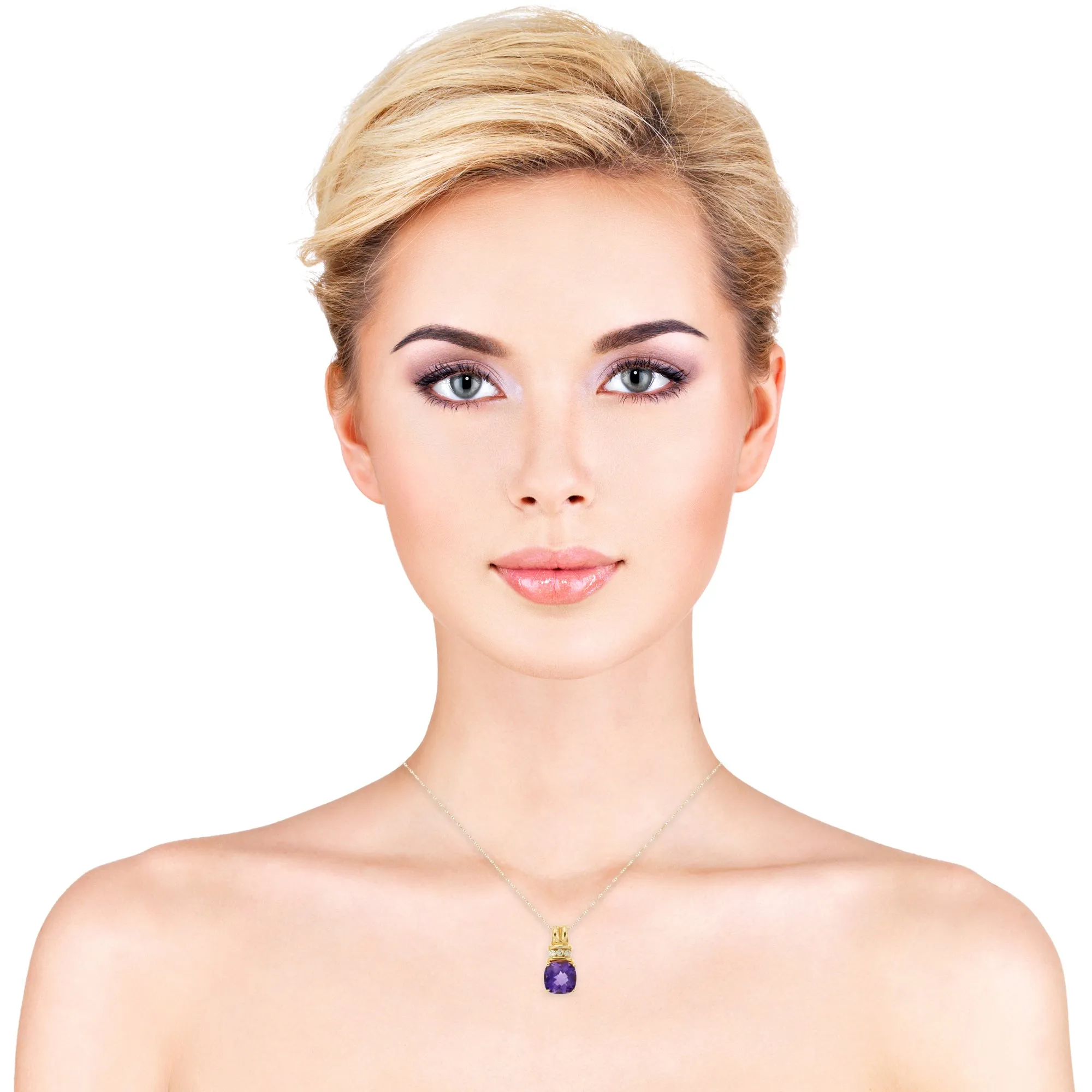 14k Yellow Gold Purple Amethyst and Diamond Gemstone Birthstone Pendant, 18" Chain.