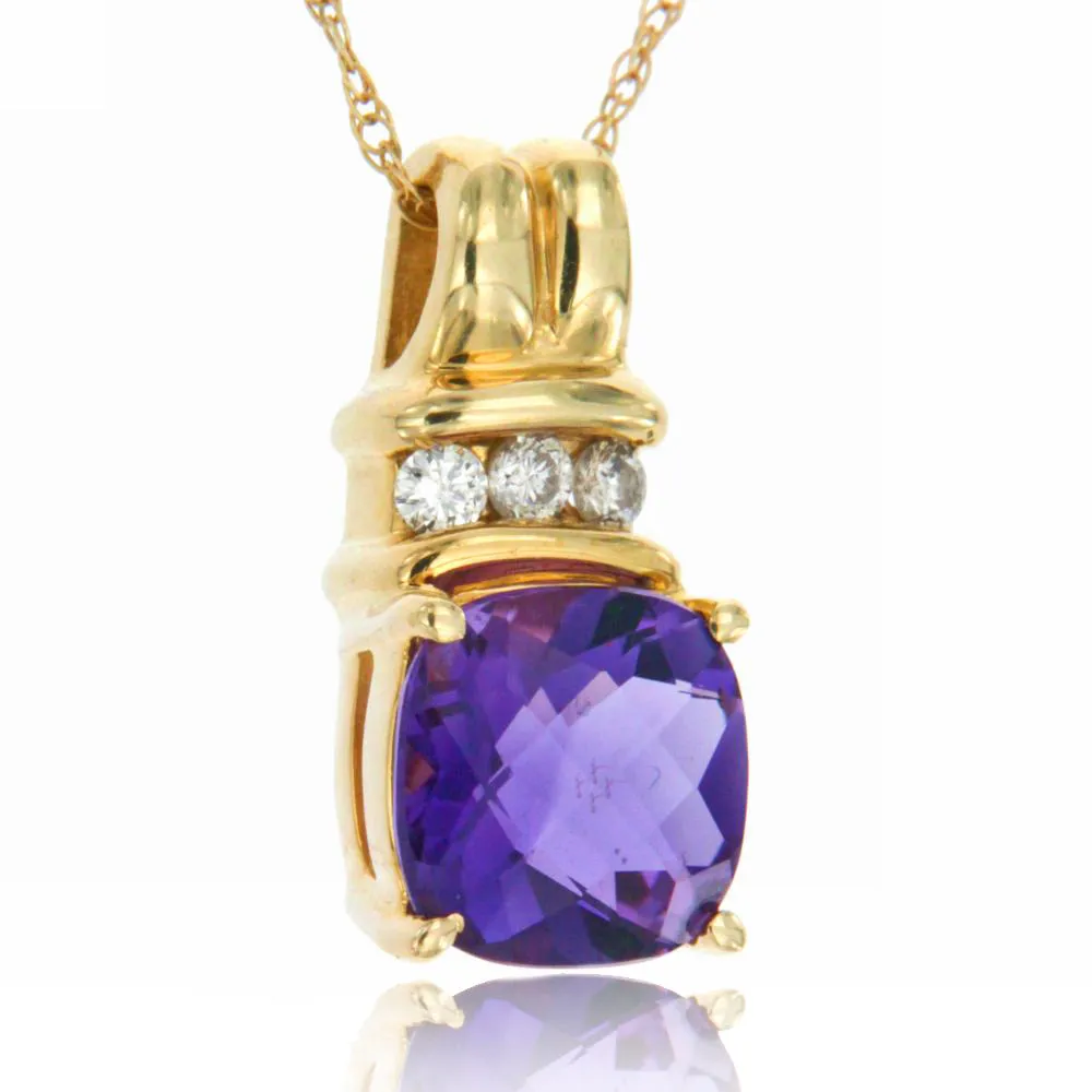 14k Yellow Gold Purple Amethyst and Diamond Gemstone Birthstone Pendant, 18" Chain.
