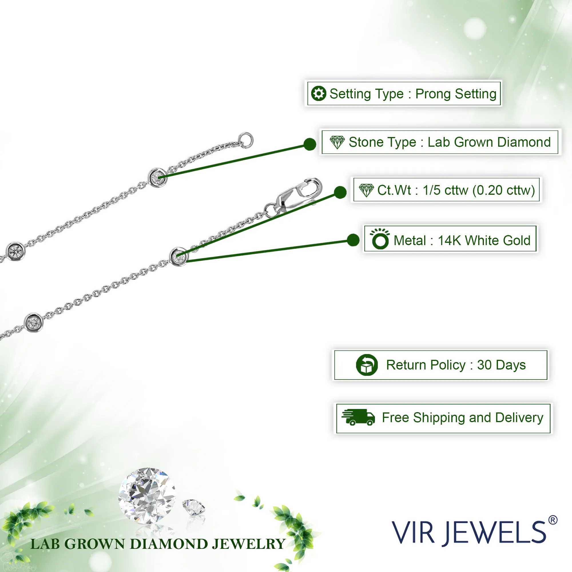 1/5 cttw 7 Stones Round Lab Grown Diamond Bracelet 14K White Gold Prong Set 7.25 Inch