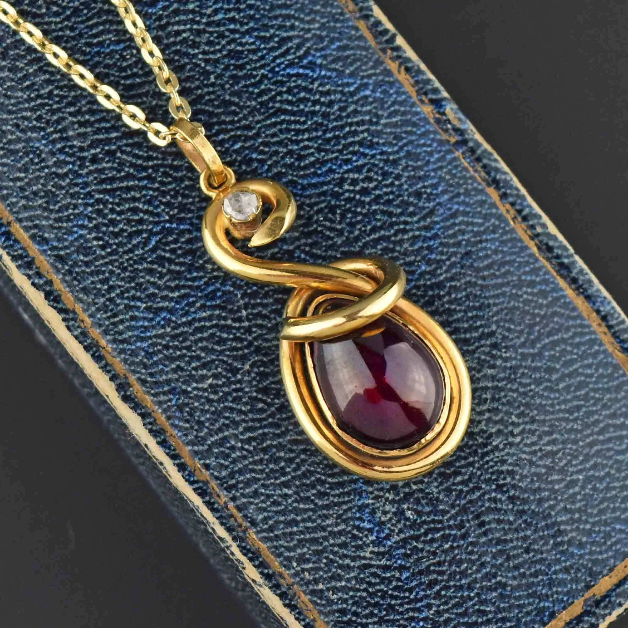 15K Gold Garnet Diamond Locket Snake Pendant Victorian
