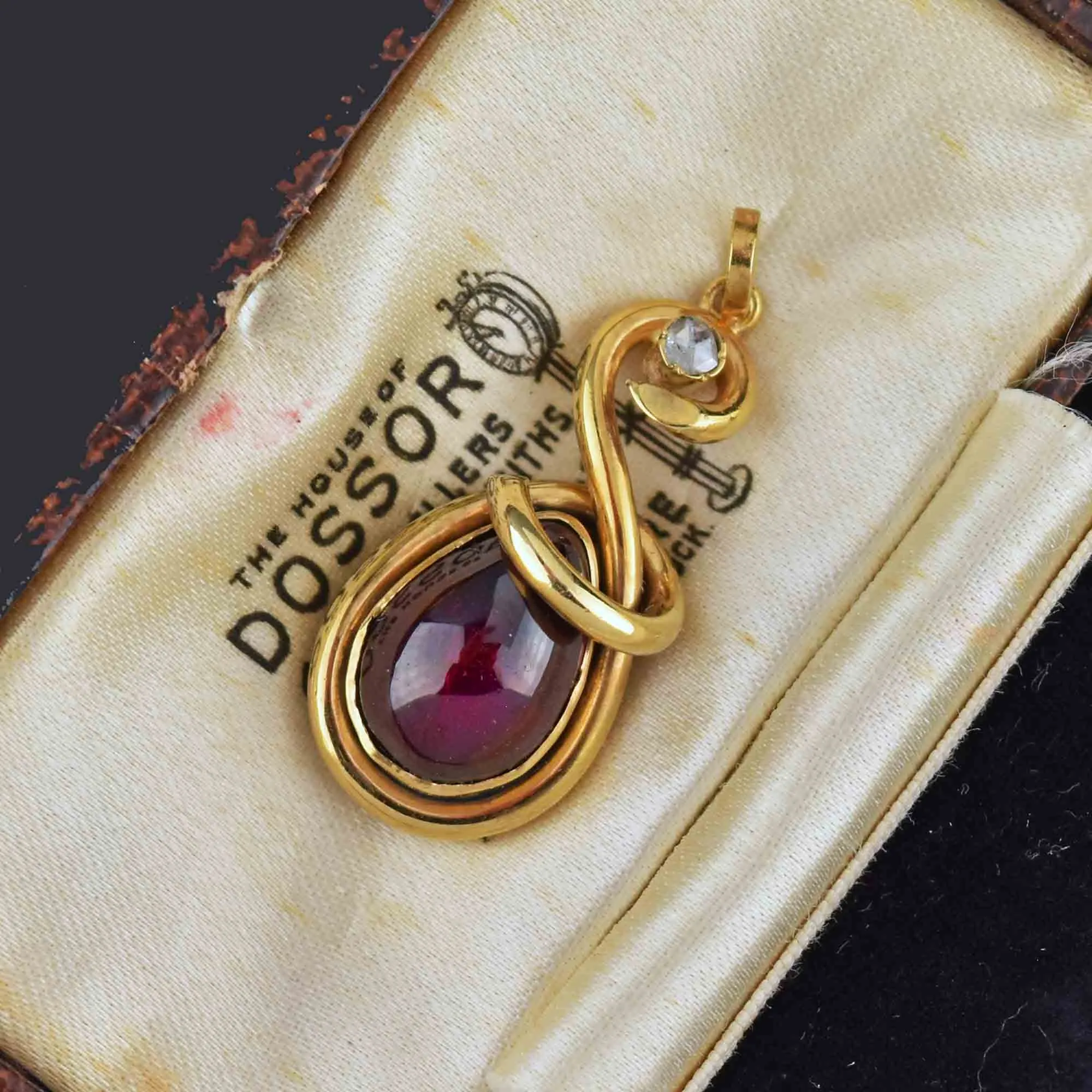 15K Gold Garnet Diamond Locket Snake Pendant Victorian